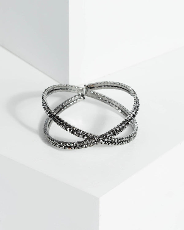 Gunmetal Diamante Crossover Detail Cuff Bracelet | Wristwear