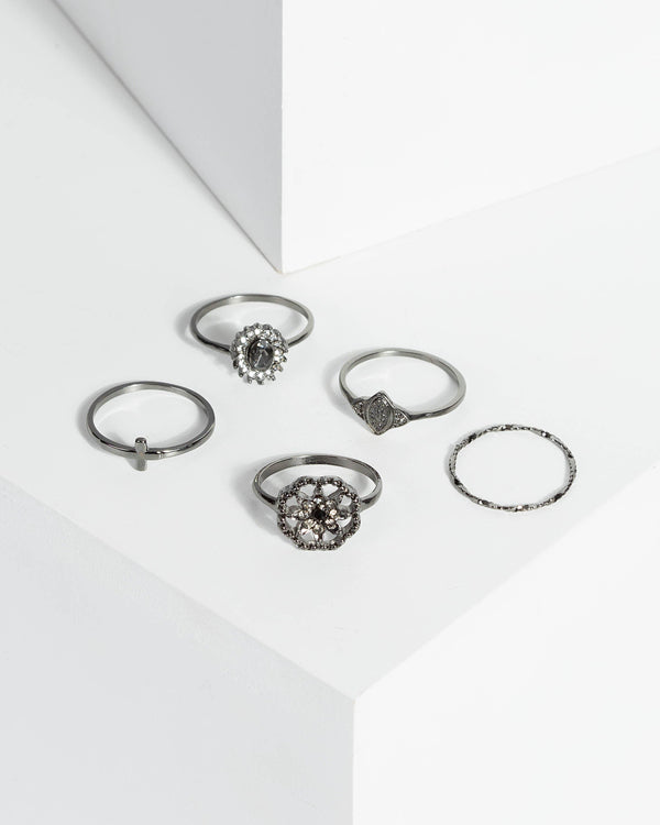 Gunmetal Floral Multi Pack Ring | Rings