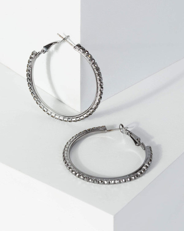 Gunmetal Medium Crystal Hoop Earrings | Earrings