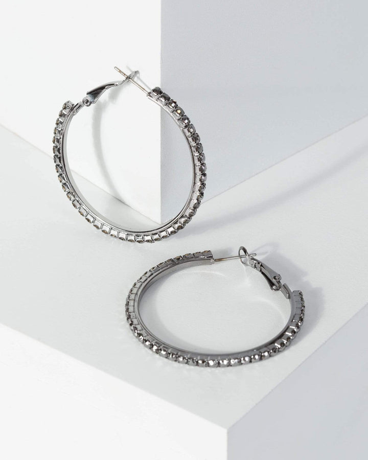 Gunmetal Medium Crystal Hoop Earrings | Earrings