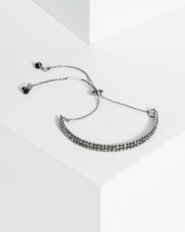 Gunmetal Thin Diamante Detail Adjustable Bracelet | Wristwear