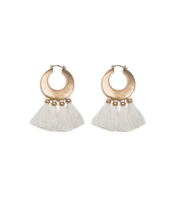 Colette by Colette Hayman Ivory Gold Tone Cotton Tassel Hoop Earrings