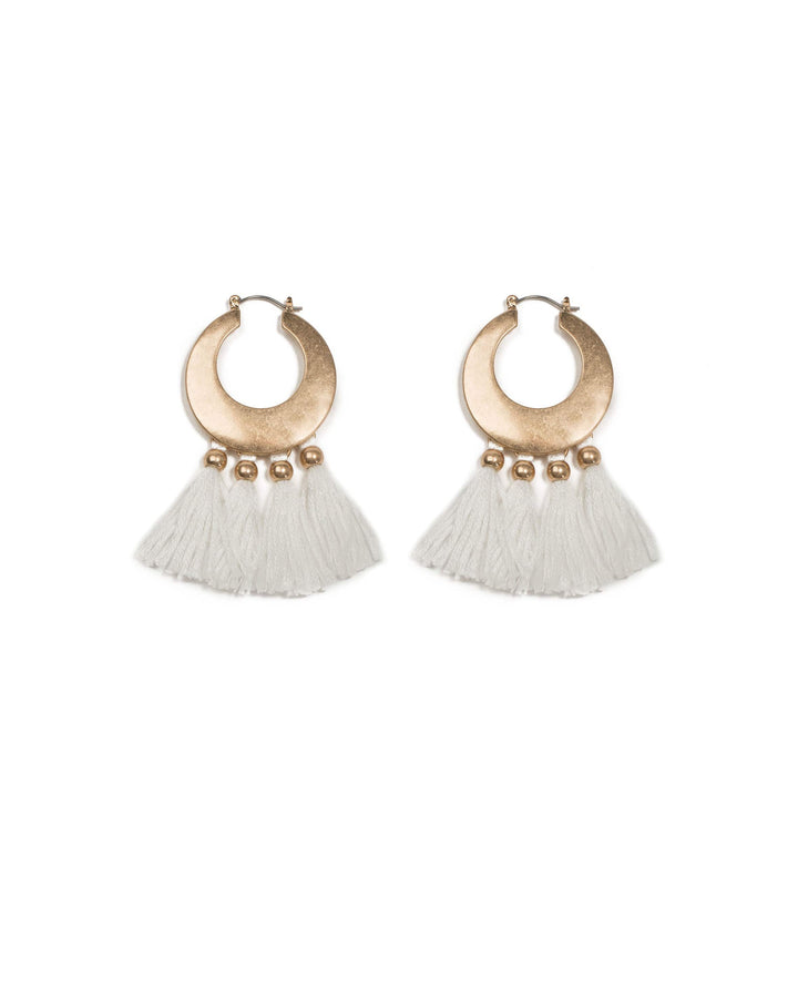 Colette by Colette Hayman Ivory Gold Tone Cotton Tassel Hoop Earrings