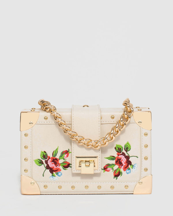 Ivory Kendall Stud Embroidered Trunk Bag | Clutch Bags