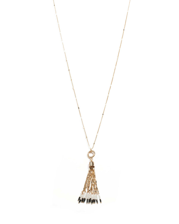 Colette by Colette Hayman Monochrome Gold Tone Beaded Tassel Pendant On Long Necklace