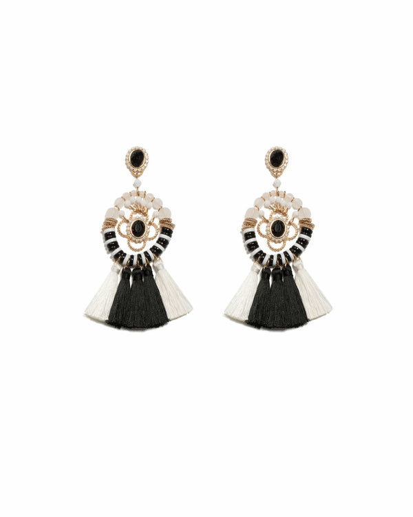 Colette by Colette Hayman Monochrome Gold Tone Oval Stone Beaded Tassel Statement Earrings
