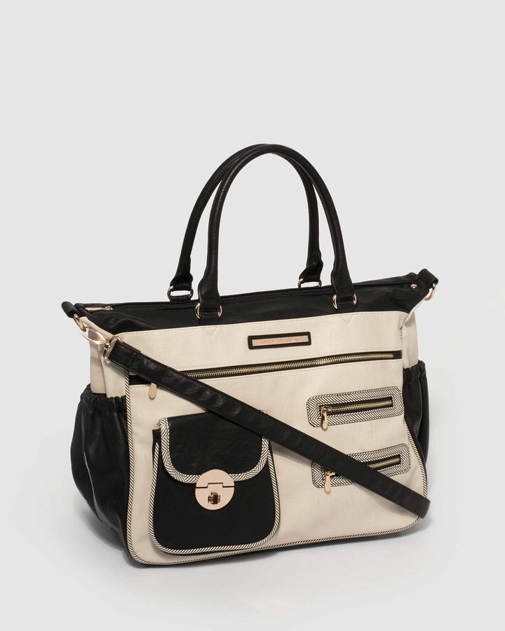 Monochrome Pocket And Zip Baby Bag With Gold Hardware | Baby Bags