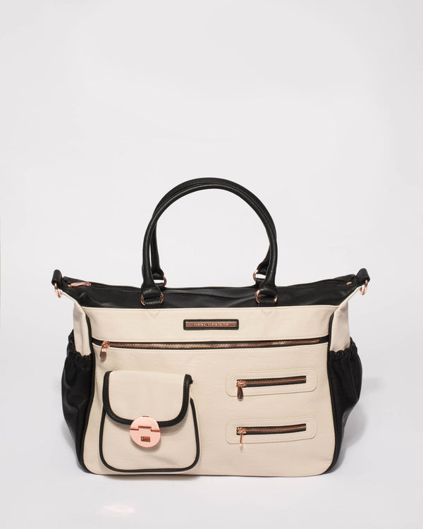 Monochrome Pocket And Zip Baby Bag With Rose Gold Hardware | Baby Bags