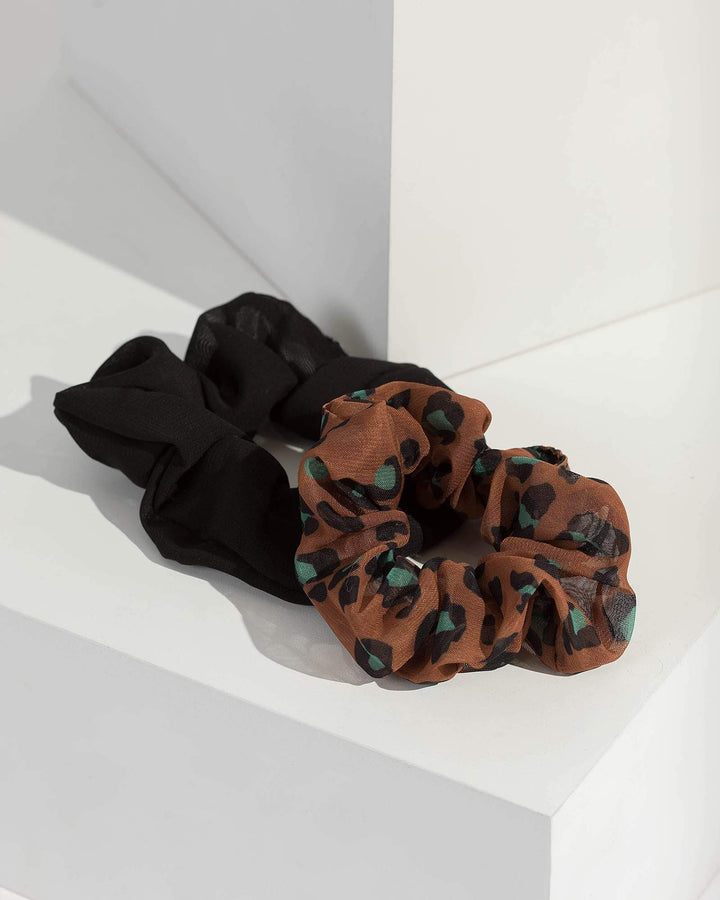 Multi Colour 2 Pack Dark Leopard Scrunchies | Hair Accessories