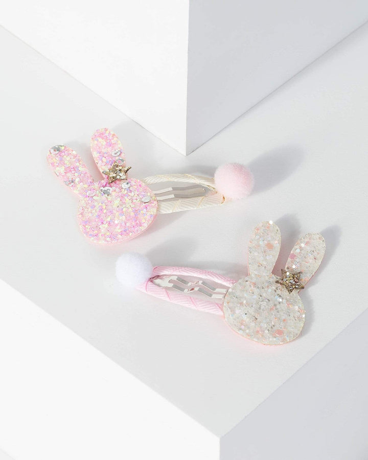 Multi Colour 2 Pack Glitter Bunny Hair Clips | Accessories