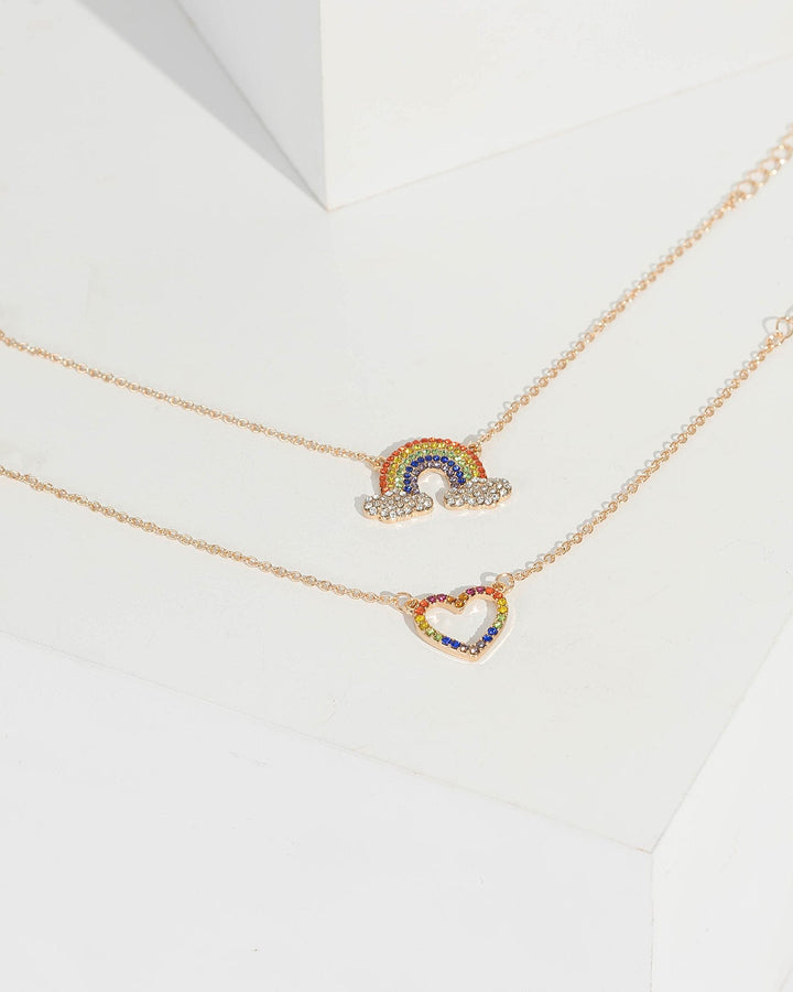 Multi Colour 2 Pack Heart And Rainbow Crystal Bracelets | Wristwear