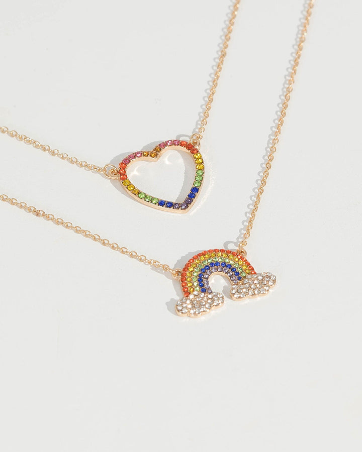 Multi Colour 2 Pack Heart And Rainbow Crystal Necklaces | Necklaces