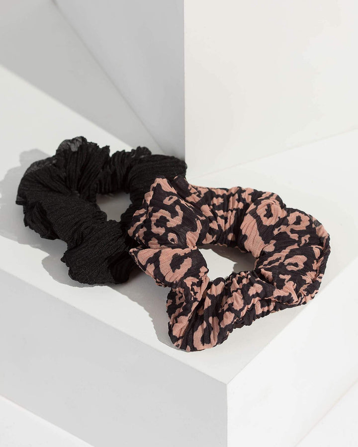 Multi Colour 2 Pack Printed Leopard Scrunchies | Hair Accessories