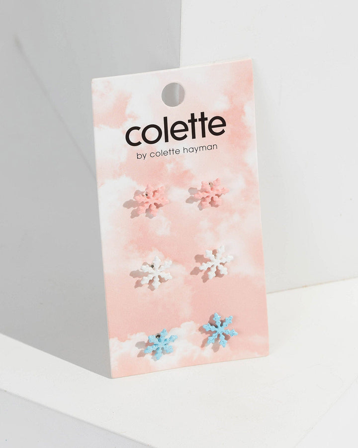 Multi Colour 3 Pack Glitter Snowflake Stud Earrings | Earrings
