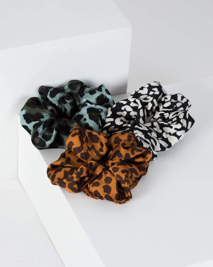 Multi Colour 3 Pack Large Leopard Print Scrunchies | Accessories