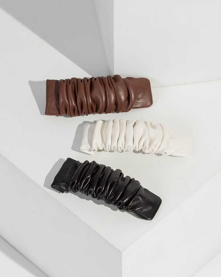 Multi Colour 3 Pack Ruched Leather Look Hair Clips | Hair Accessories