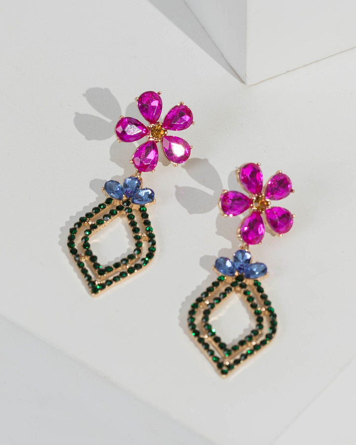 Multi Colour Crystal Flower Drop Earrings | Earrings