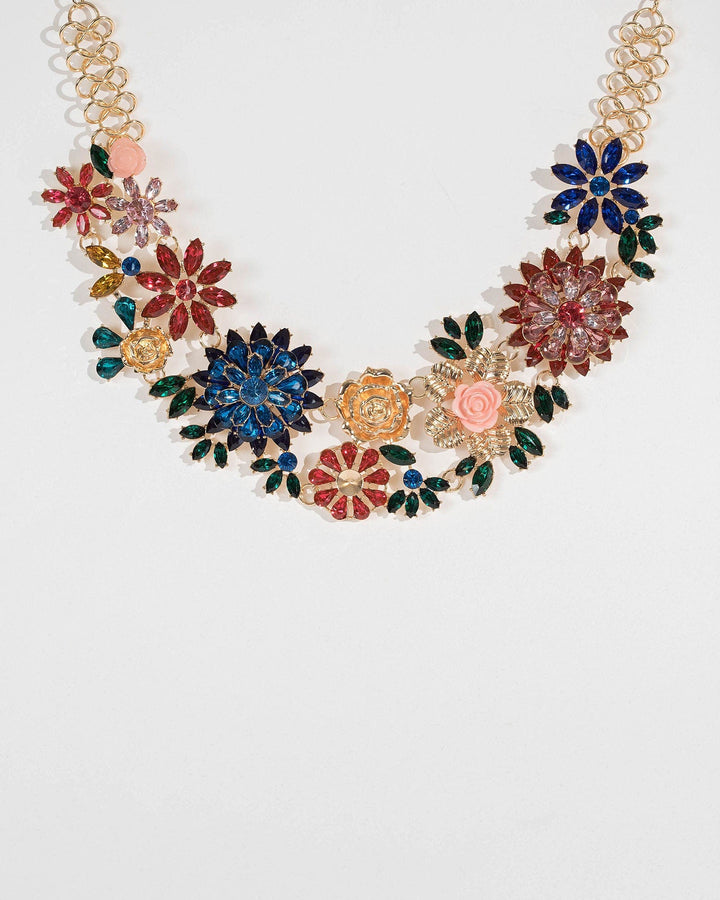 Multi Colour Crystal Flowers Statement Necklace | Necklaces