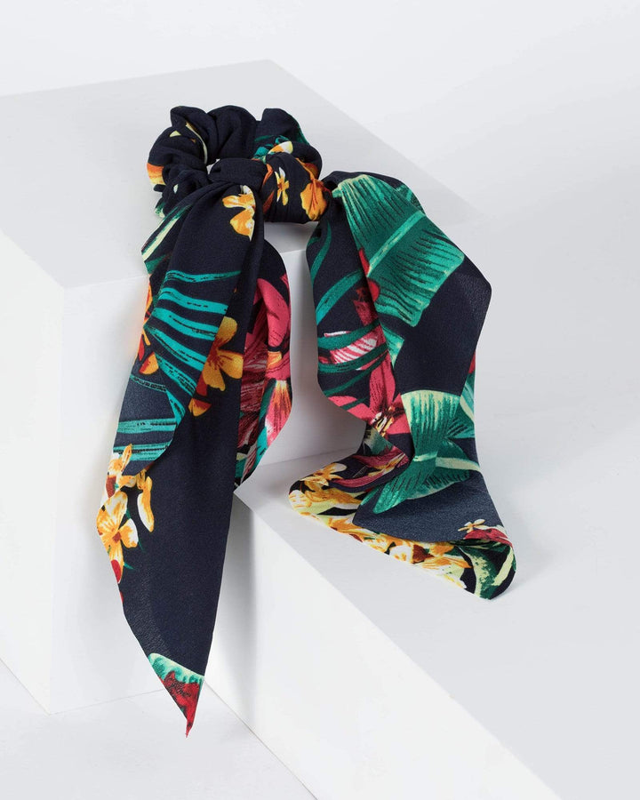 Multi Colour Dark Floral And Leaf Scarf Scrunchie | Accessories