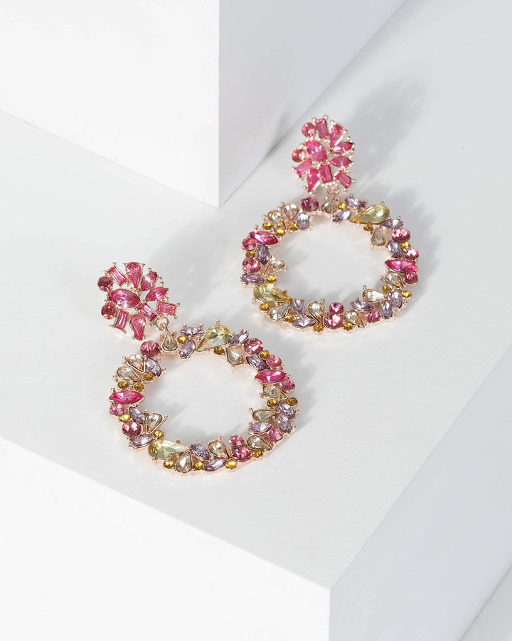 Multi Colour Diamante Round Circle Drop Earrings | Earrings