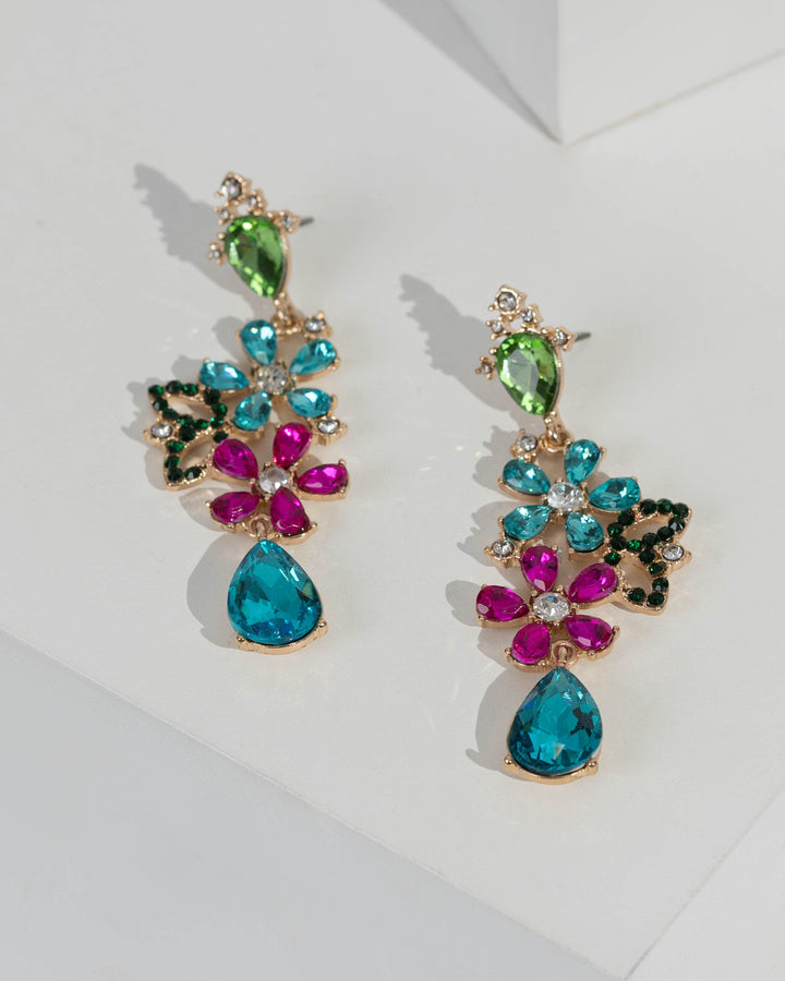 Multi Colour Flower Crystal Cluster Earrings | Earrings