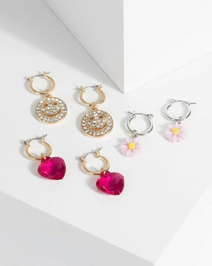 Multi Colour Flower Smiley Heart Pack Earrings | Earrings