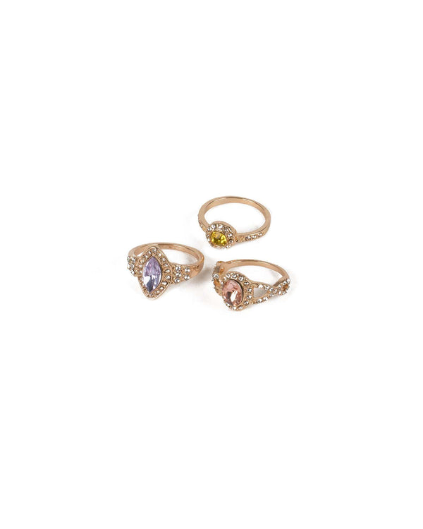 Multi Colour Gold Tone Diamante Pendant Band Ring Set - Small | Rings