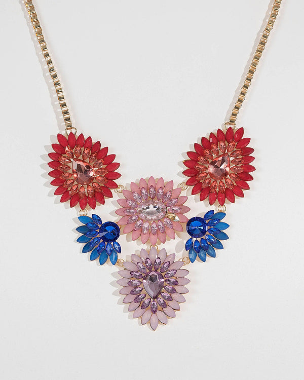 Multi Colour Large Crystal Flowers Statement Necklace | Necklaces