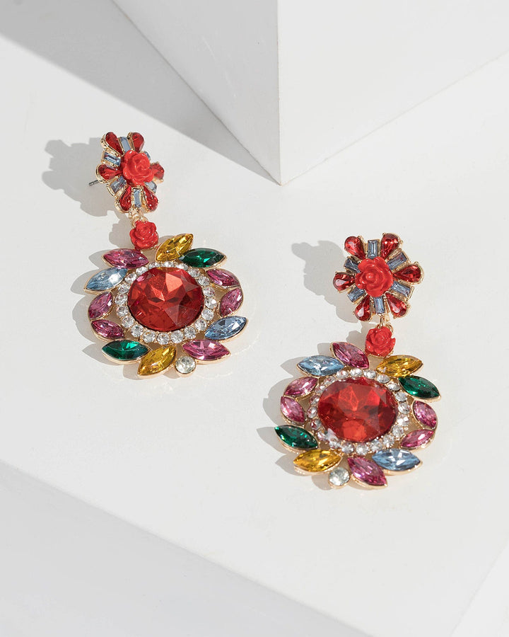 Multi Colour Multi Crystal Flower Drop Earrings | Earrings