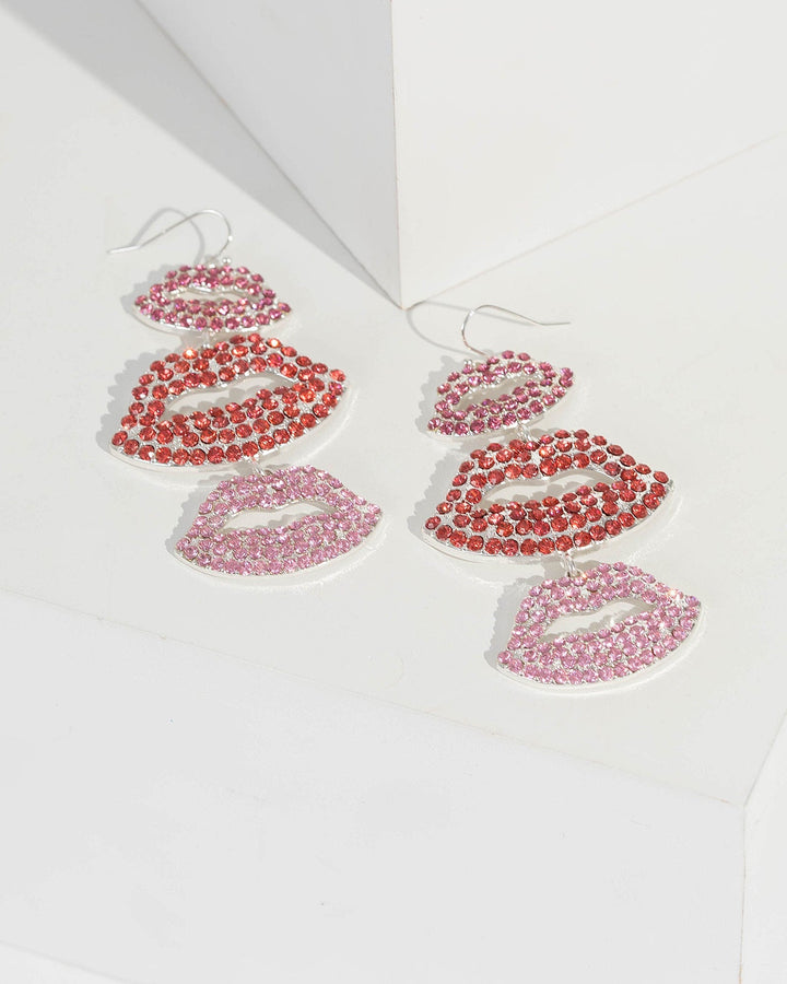 Multi Colour Multi Row Crystal Lips Drop Earrings | Earrings