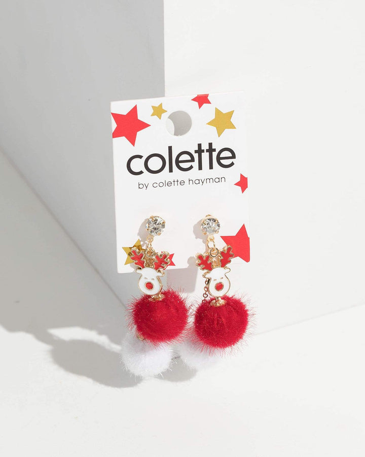 Multi Colour Reindeer Pom Pom Drop Earrings | Earrings