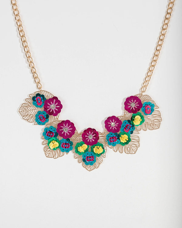 Multi Colour Sequin Floral Statement Necklace | Necklaces