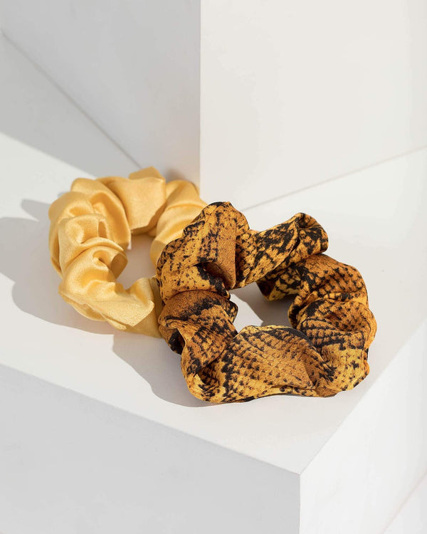 Mustard 2 Pack Snake Print Scrunchies | Hair Accessories
