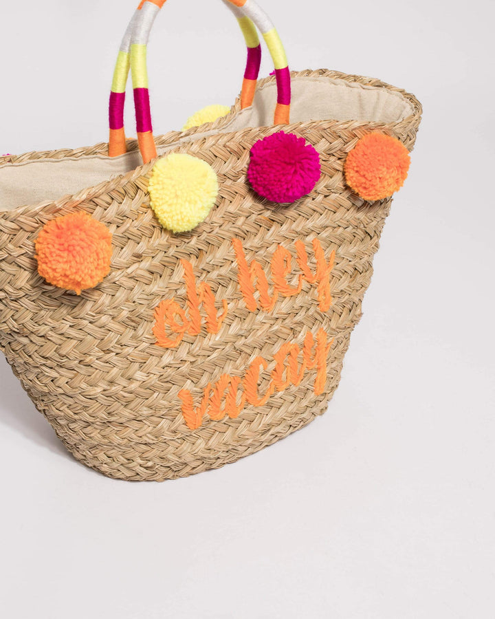 Natural And Multi Colour Large Pom Pom Summer Tote Bag | Tote Bags