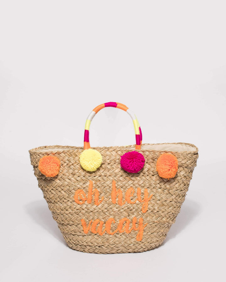Natural And Multi Colour Large Pom Pom Summer Tote Bag | Tote Bags