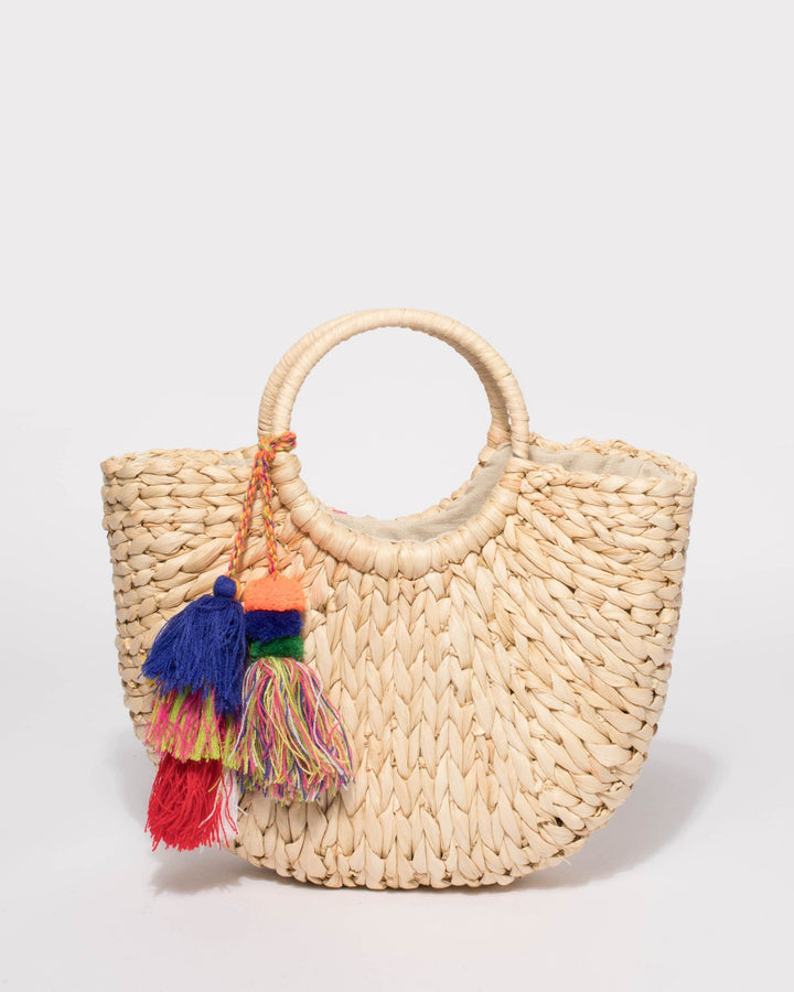 Natural Pom Pom Straw Basket Bag | Tote Bags