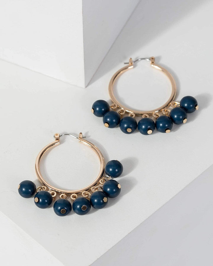 Navy Blue Beaded Hoop Earrings | Earrings