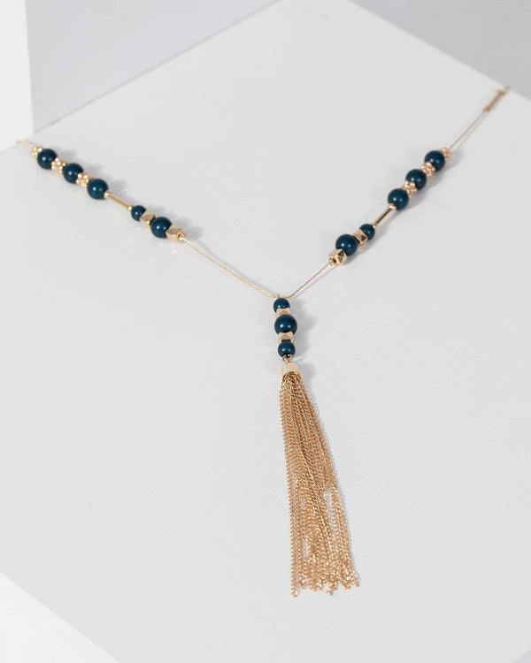Navy Blue Beaded Tassel Long Necklace | Necklaces