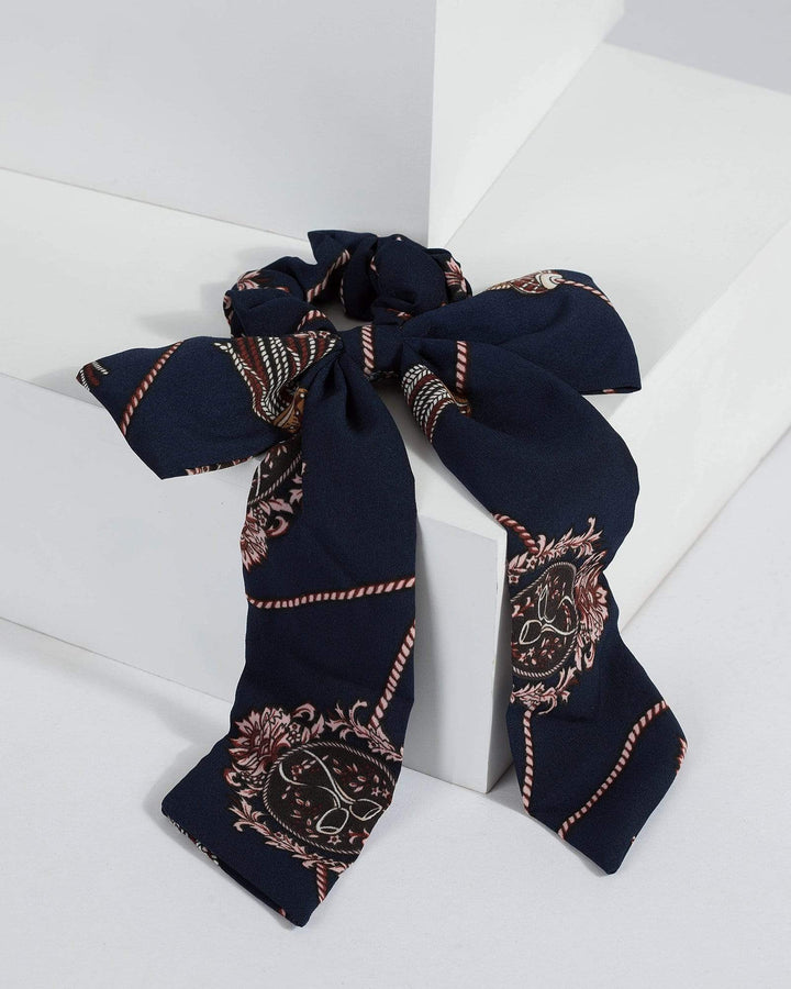 Navy Blue Chain Print Bow Scrunchie | Accessories