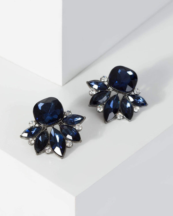 Navy Blue Crystal Cluster Stud Earrings | Earrings