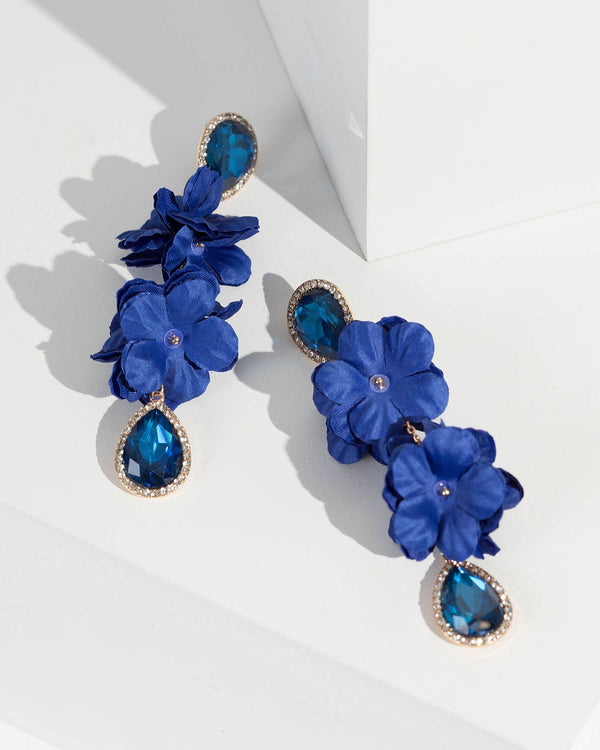 Navy Blue Double Flower And Crystal Drop Earrings | Earrings