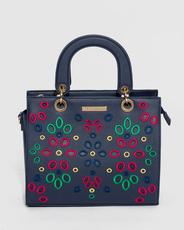 Navy Blue Ella Embroidered Medium Tote Bag | Tote Bags