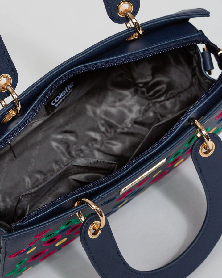 Navy Blue Ella Embroidered Medium Tote Bag | Tote Bags