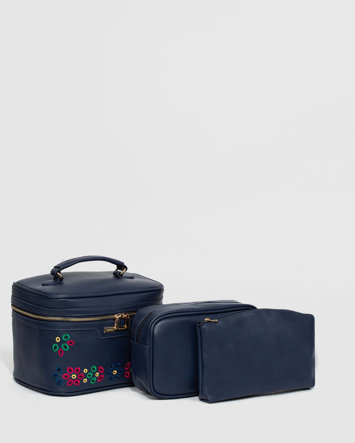 Navy Blue Embroidered Cosmetic Case | Cosmetic Cases