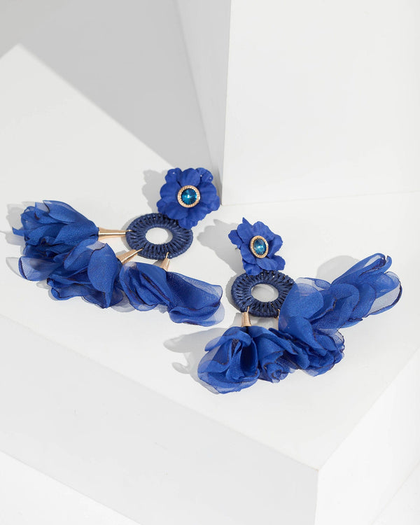 Navy Blue Fabric Flower Detail Drop Earrings | Earrings