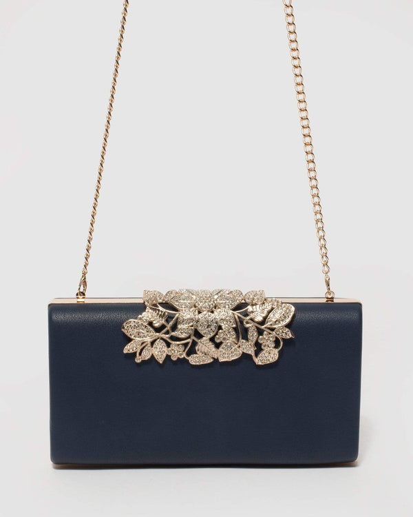 Navy Blue Floral Clip Clutch Bag | Clutch Bags