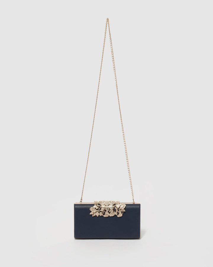 Navy Blue Floral Clip Clutch Bag | Clutch Bags