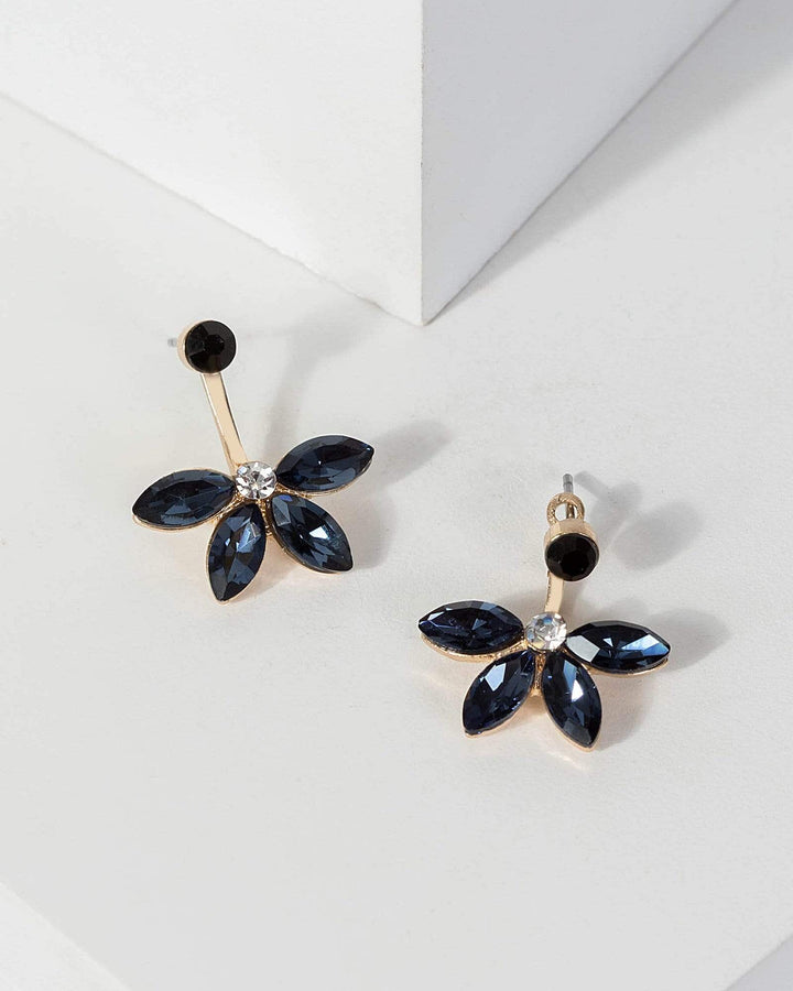 Navy Blue Front Back Flower Earrings | Earrings