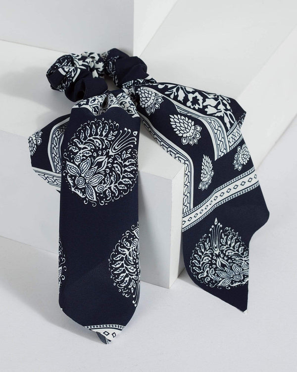 Navy Blue Printed Scarf Scrunchie | Accessories