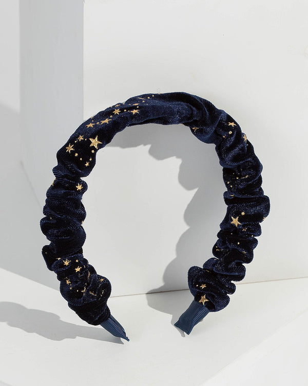 Navy Blue Ruched Star Print Headband | Hair Accessories